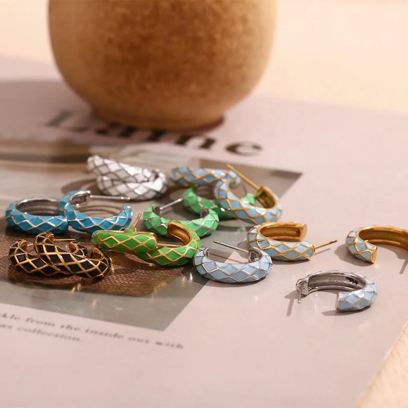 Mint Green Geometric Pattern Hoop Earrings 18K Gold Plated Stainless - Picture 8 of 8